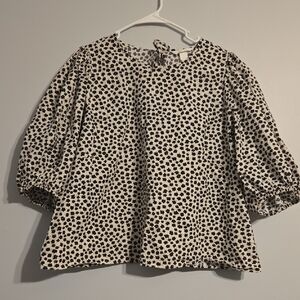 H&M Black & White Floral Top With Puffy Sleeves, 100% Cotton, XXL
